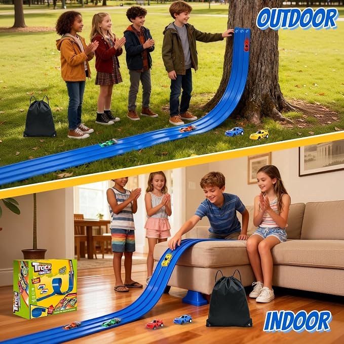 20 Ft Flexible Race Track Toys, 3-Lane Flex Race Car Ramp Track with 6 Race Cars & Suction Cups Rolls Up Portable DIY Race Track Anti Gravity Car Track Set,Kids Racecar Track Toy(Blue)