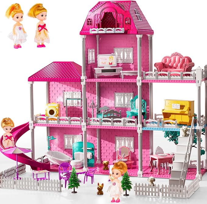 JUKUDAHU Villa Playset for Girls Ages 3-7, Indoor Playset Girls Toys with 3 Storeys 7 Rooms 2 Dolls for Ages 6-8, Furniture and Accessories, Pretend Toddler Toy, Birthday Gifts for Kids 3 4 5 6 7 8