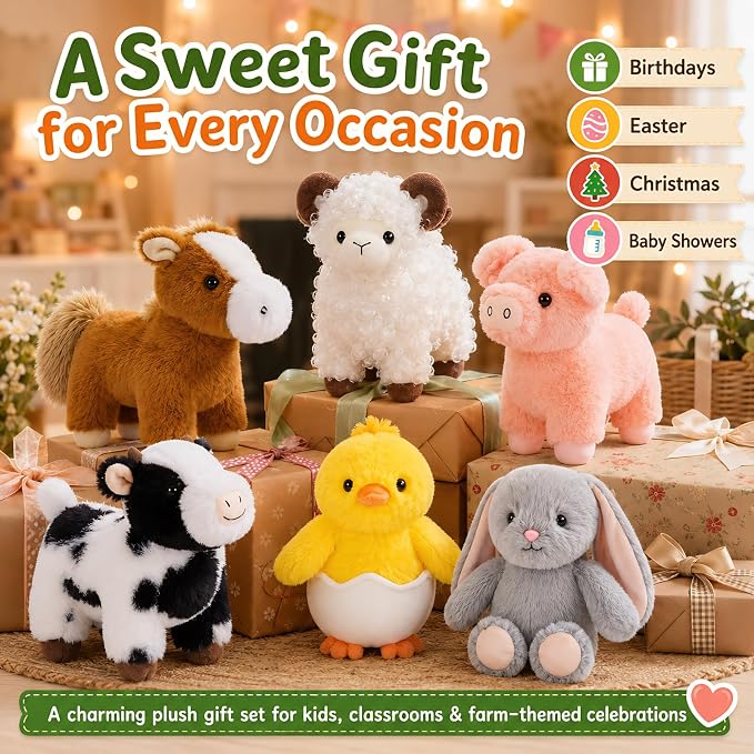 MaoGoLan 6-Pack Stuffed Farm Animal Bulk Plush Toys Set 10″ Soft Stuffed Animals for Kids, Girls - Party Decor, Centerpieces & Pretend Play, Thanksgiving, Christmas, Easter Gifts