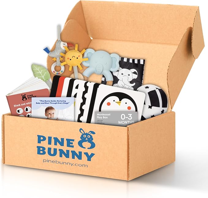 Pine Bunny Montessori 9-in-1 Newborn Sensory Toy Set for 0+ Months Plush Bed Wrap Vision Ball, Black & White Cards Mirror Bed Surround Elephant Teether Educational Learning Tummy Time Development Toys