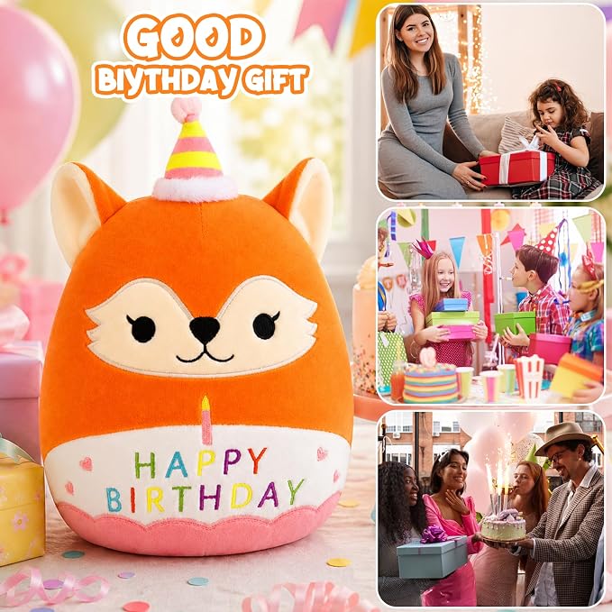 Fox Plush Toy - 10inch Cute Birthday Stuffed Animal Fox Plush Pillow, Soft Kawaii Fox Birthday Gifts Plushie Doll Stuffy Toys Party Decoration for Kids Girls and Boys