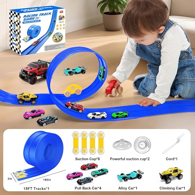 15Ft Flex Track, Flexible Race Car Track for Kids Toy with 10 Suction Cups, Rolls Up Portable Racetrack Compatible with Hot Wheels & Diecast 1/64th Cars, Birthday Gifts for Boys Girls (Blue)