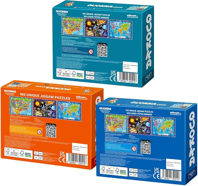 QUOKKA 100 Piece Puzzles for Kids Ages 4-6 - 3 Jigsaw Kids Puzzles Ages 6-8 - Learning Map of the United States World Space - Toddler Educational Games for 5-8 Year - Toys for 8-10-12 Year Old