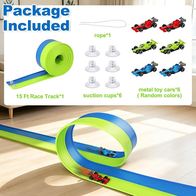 15 Ft Flexible Race Track Set with 6 Toy Cars for Kids Age 3 4 5 6 7 8 Years Old