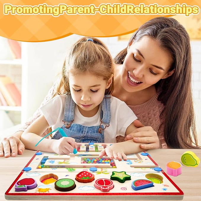 MEGRANATE Montessori Magnetic Color and Number Maze Toys Wooden Shape Sorter Game for Toddler Magnet Balls Puzzle Board Educational Sensory Learning Toy for 3+ Years Old Kids