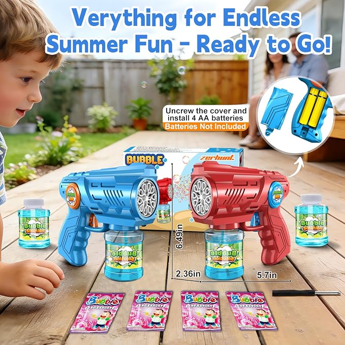 Zerhunt Lightweight Automatic Bubble Gun: 2 Pack Bubble Blaster for Kids 4-8 with Bubble Solution & LED Light - 15000+ Bubbles Per Minute Easy for Kids to Hold - Great Party Outdoor Toy
