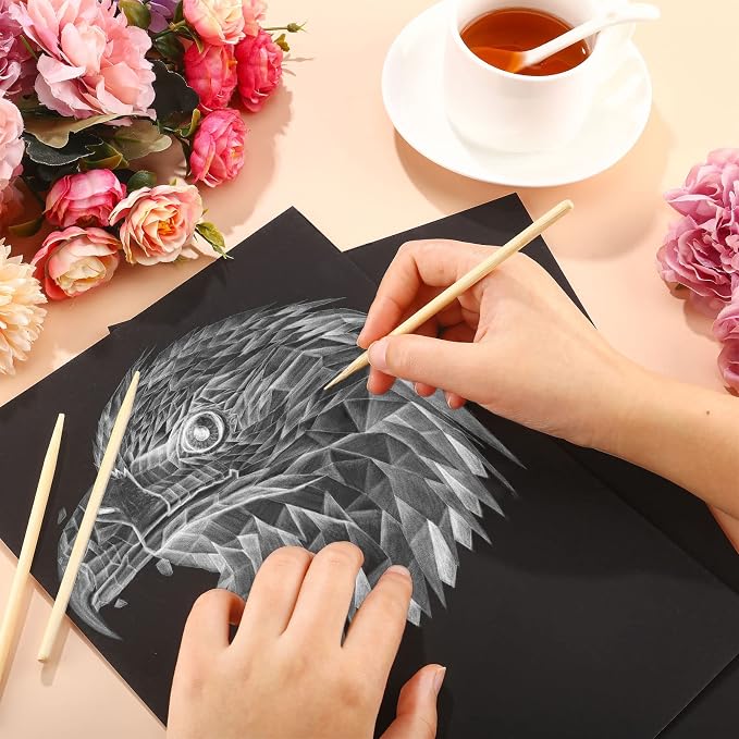 Gersoniel 120 Pcs Scratch Paper Art Set Adults Scratchboard Craft Kits 7.2 x 5 Inch Black Scratch Off Paper Scratchboard Pad Art Supplies with Wooden Stylus for DIY Birthday Party Gift Supplies