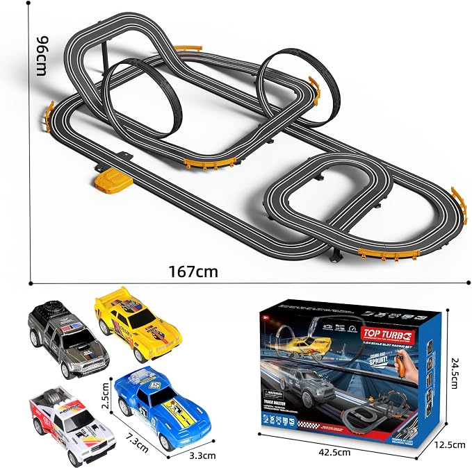 Slot Car Race Track with 4 High-Speed Racing Cars Battery or Electric Race Car Toy for Kids Boys, Dual Racing Game 2 Hand Controllers Toys for Girls Children Age 6,7,8-12 Years Old