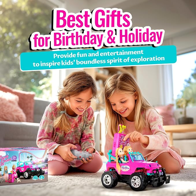 ULOVEME Purple Je ep Remote Control Car for Girls with 5.5" Doll & LED Lights, 2.4GHz Off-Road Trucks, 1:16 Scale Remote-Control Toy Car Holds 2 Dolls (Pink Car)