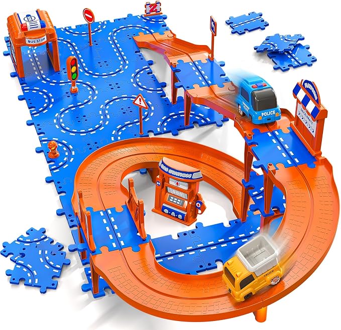 Toddler Toys for 3 4 5 6 Year Old Boys Kids Girls, 59 Pcs Puzzle Track Car Set for Kids Boys Toddlers 3-5 4-6, 3-Tier Puzzle Race Tracks Car Toys Set, Race Track Birthday for Toddlers