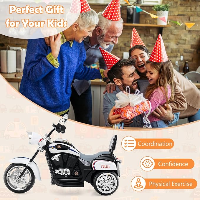 Costzon Kids Motorcycle, 6V Battery Powered Ride on Chopper Motorcycle w/Horn, Headlight, 3-Wheel Stable Ride on Toys, Electric Toddler Motorcycle for Kids, Gift for Boys Girls (Police White)