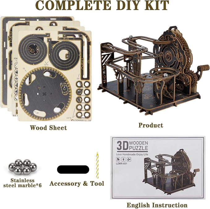 3D Wooden Puzzles for Adults, Mechanical Marble Run Model Kits to Build, DIY Wooden Puzzle with 6 Steel Marbles, Unique Birthday Gifts for Women Men