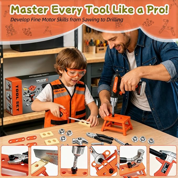 49 PCS Kids Tool Set with Toy Electric Drill, Construction Dress Up Pretend Play Kit with Tool Box, Washable Vest, Goggles & STEM Building Plate, Birthday Gift for Boys Toddlers Age 3 4 5 6 7