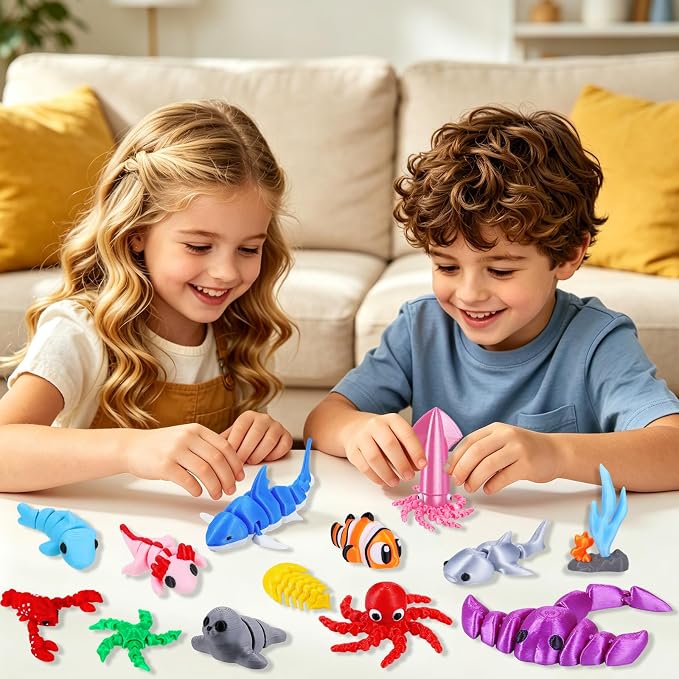 ywevyezc 25 Pcs 3D Printed Ocean Animals Set, Flexible Articulated Mini Sea Animal Figurines Fidget Toy Desk Pets, Ideal for Party Favors Birthday Gifts Office Desktop Home Decor