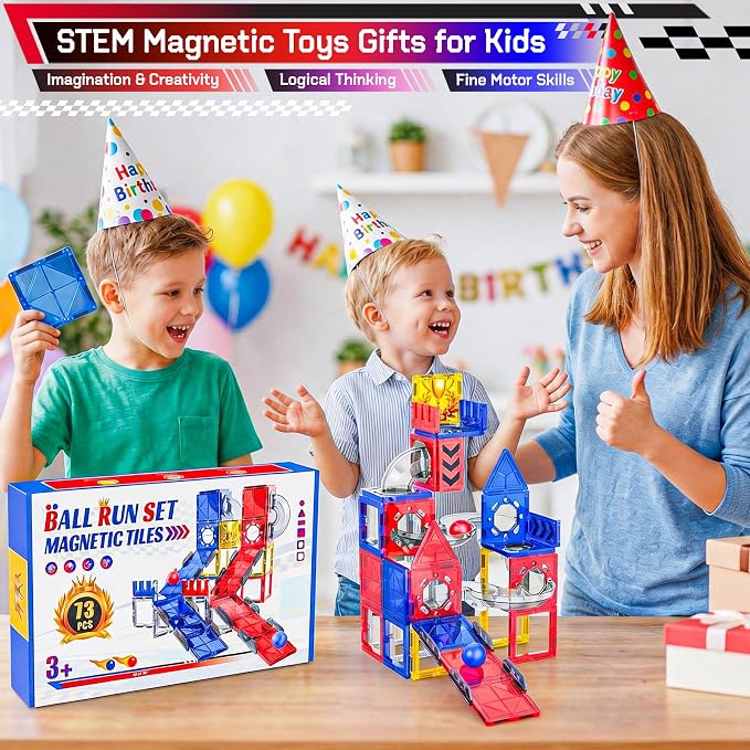 73pcs Magnetic Tiles for Kids Ages 4-8, STEM Magnetic Tiles Race Track & Marble Run, Preschool Magnetic Tile Rails Expansion Set, Creative Magnet Building Blocks for 4+ Year Old Boys Birthday Gifts