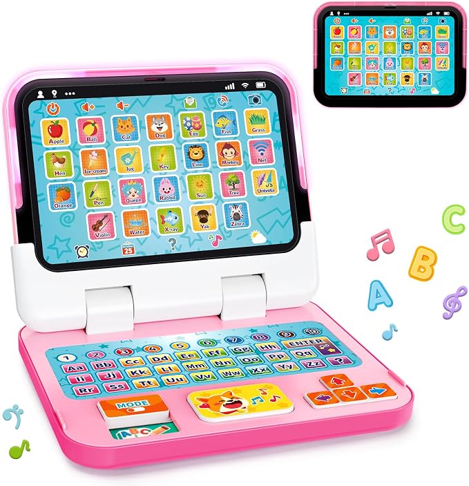 Learning Toy for Kids 1 2 3 Year Old Boys Girls, Learning Laptop for Toddlers 1-3, Interactive Educational Toys with Music Sounds Lights, Christmas Birthday Gifts for Baby Kids Age 12-18 Months, Pink