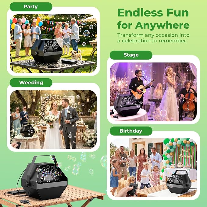 Theefun Bubble Machine, 750ml Stage Bubble Blower Metal, USB Plug in or 8 Battery Powered, Portable Party Bubble Maker for Stage BBQ Birthday Outdoor Indoor Use (Remote Control)