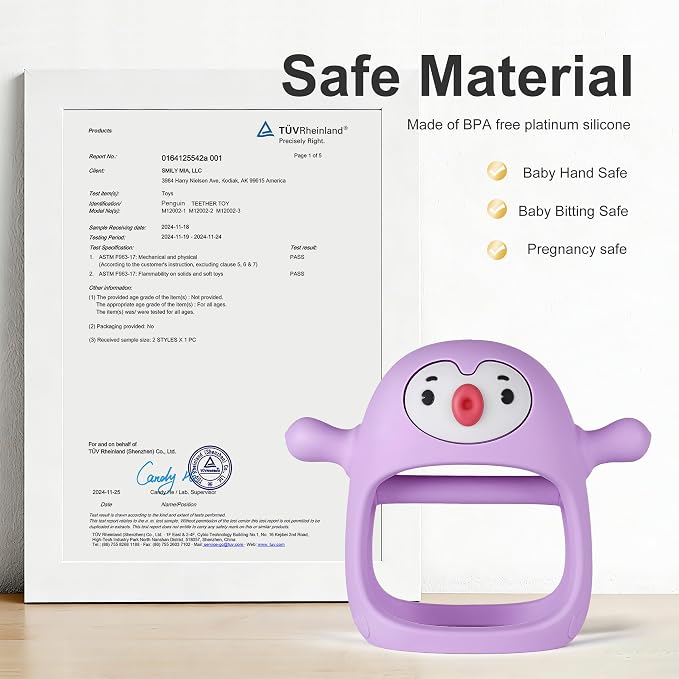 Smily Mia 2pack Penguin Teether for Babies 0-6Month, Infant Teething Toys,Pacifiers for Breastfed Babies, Silicone Teething Mittens for 3-6Months, Perfect Shower Gift+Baby Registry, Pink&Purple