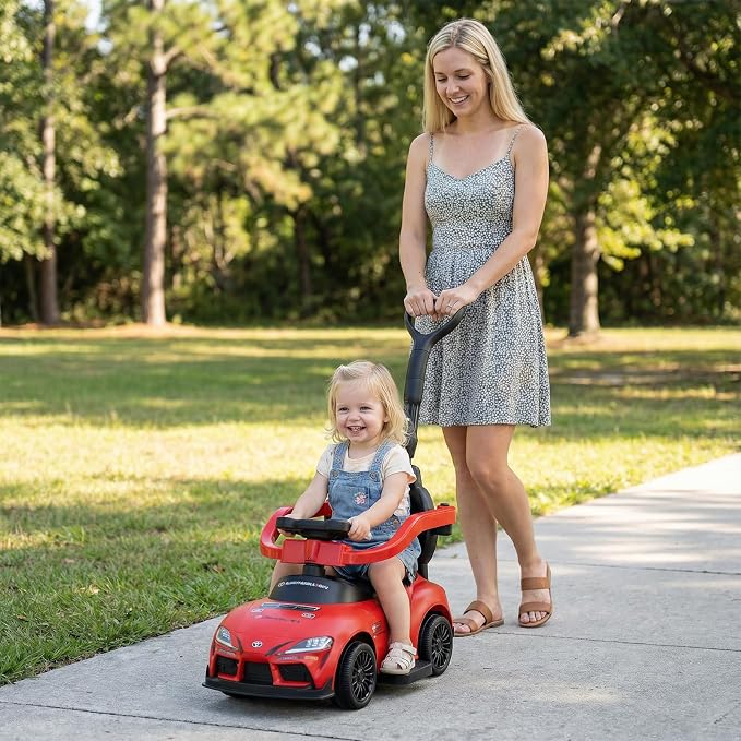 Licensed Toyota Ride on Push Car for Toddlers by INFANS, 3 in 1 Walking Sliding Toy with Removable Guardrails and Handle, Music, Under Seat Storage for Kid (Red)