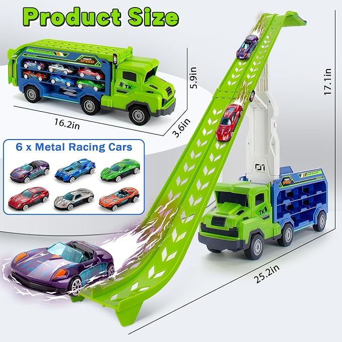 BainGesk Truck Toys Car for 3, 4, 5, 6 Years Old Boys, Carrier Race Truck Toys, Foldable 2 Layer Transport Car Toys with 27 in Race Track and 6 Metal Cars, Birthday Gifts for Toddler Boys Girls