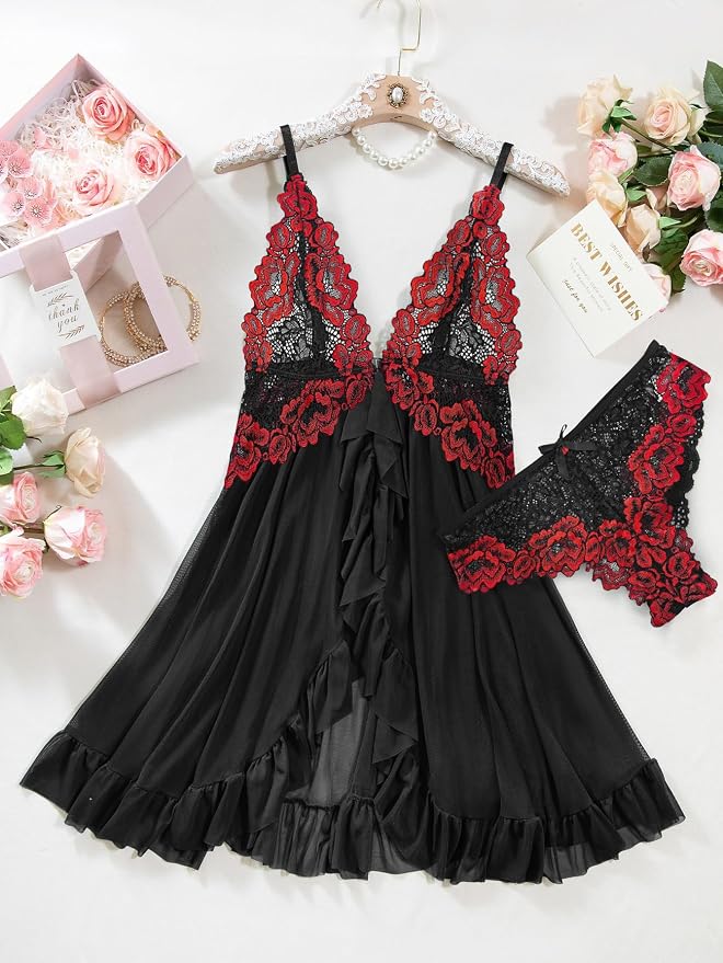 Foxiny Sexy Open Front V Neck Ruffle Sheer Mesh Lace Wireless Babydoll Lingerie Dress with Thong 2 Piece