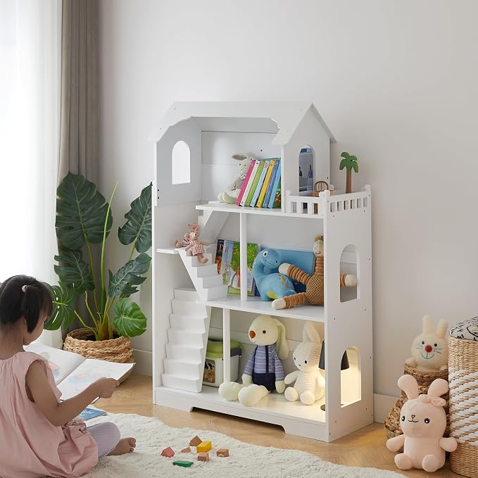 Wooden Dollhouse Bookshelf - Toddler Doll House Bookcase, Extra Space Kids Toy Storage Book Shelf, 3-Tier Children Dollhouse, Pretend Play Toy House (Modern Flat Roof)
