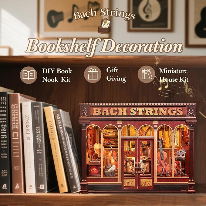 CUTEBEE Book Nook Kit - DIY Miniature House Dollhouse Kit for Adults and Teens, Music Shop Booknook Bookshelf Insert Decor, 3D Wooden Puzzle, Creative Gift for Family, Friends (Bach Strings)