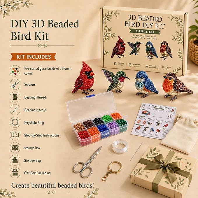 BLOWADM 4Pcs Tiny 3D Beaded Animal DIY Kit,Easy DIY Beading Embroidery Kit,3D Animal Themed Beadwork Kit for Beginners & Craft Enthusiasts, with Instructions