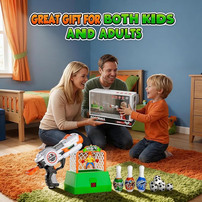 Kids Shooting Game Toy Set - 2 Pack Soccer Game 2 Foam Ball Blaster Launchers with 48 Soccer Balls, 6 Bowling Pins with LCD Score Display - Sports Toys for Boys Girls Ages 3+Years