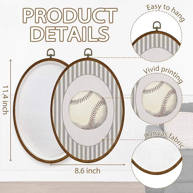 WULQYING Baseball Nursery Wall Art Decor, Sports Nursery Boys Room Oval Framed Canvas Art Prints, Sport Lover Gift Wall Hanging Decor for Kids Boys Room Bedroom Playroom, 8.5x11.3 Inches