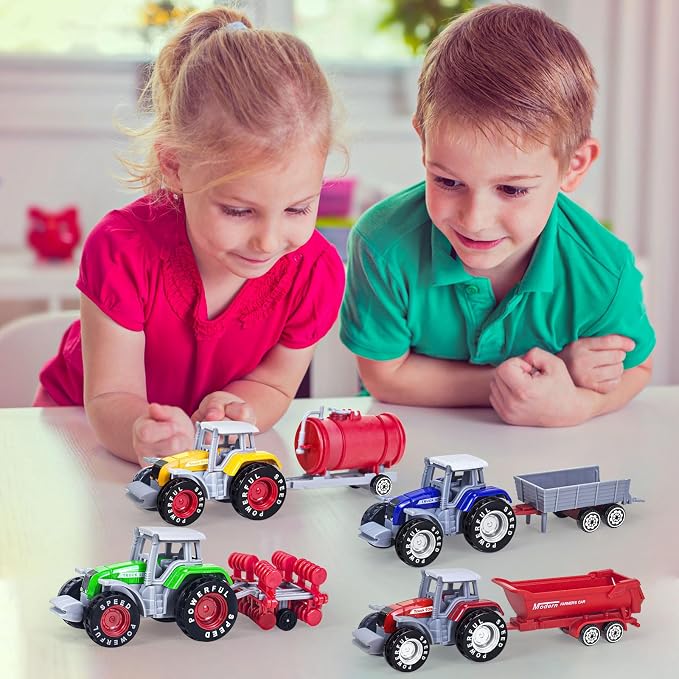 4 Pack Farm Tractor Toys, Die cast Tractor Toys with Trailers for Kids 3-5 Detachable Alloy Farm Tractors and Truck Toys for Toddlers Boys 3 4 5 6 7 8 Birthday Gift & Cake Toppers