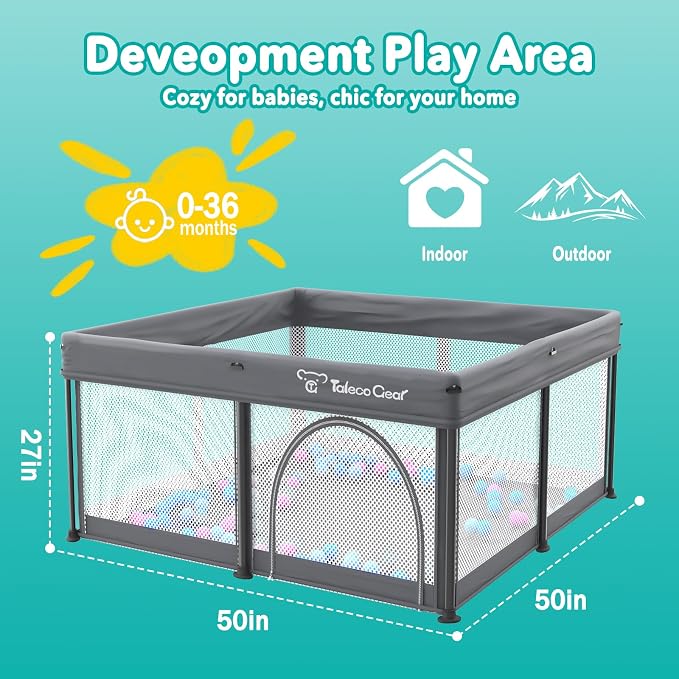 Foldable Baby Playpen for Babies and Toddlers, 50x50 Inch Portable Play Yard, Collapsible Play Pen with Mat, Visible Mesh, 50 Ocean Balls, Indoor/Outdoor Baby Fence Activity Center for Home