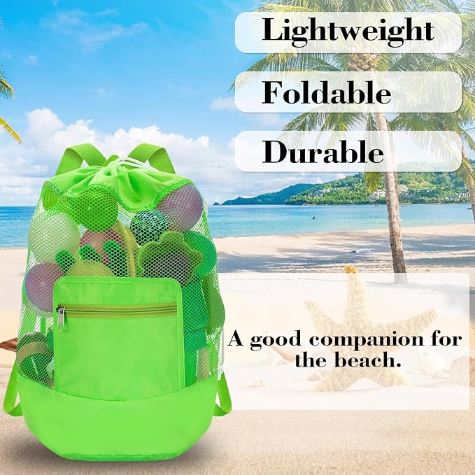 INVODA Mesh Beach Bag Drawstring Beach Backpack Foldable Toy Organizer Bag Shell Adjustable Straps Large Capacity Swim Bag