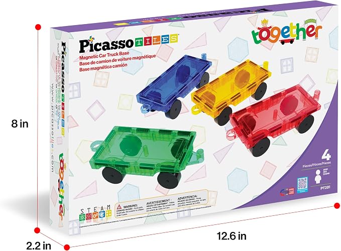 PicassoTiles 4PC Magnetic Tiles Car Truck Base Construction Building Accessory Toy Yellow, Red, Green & Blue Compatible with Magnet Tile Sets Educational STEM Learning Build Kits Boys & Girls PT201