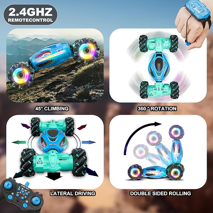 Gesture RC Car,1:18 4WD Transform Off-Road Stunt Car with Gesture & Remote Control, 360° Flips Drift Vehicle with LED Lights Music, All Terrain Toy Cars Gifts for Boys Girls Age 6-12