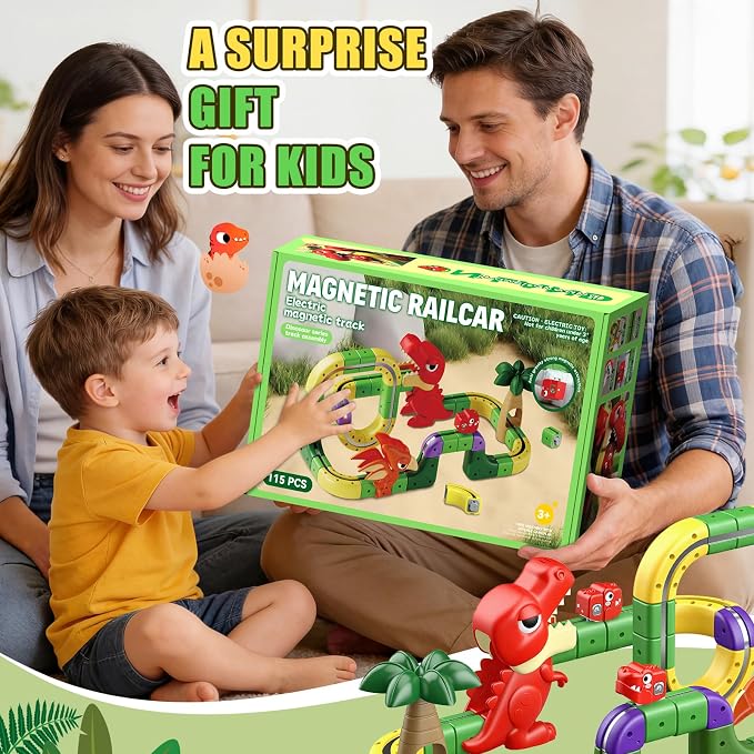 Dinosaur Magnetic Train Set Toys for Kids 3-5: 115PCS 3D Infinity Racer Cube Tracks Anti-Gravity Rail Electric Train Track Birthday Gifts Toys for 3 4 5 6 7 8 Year Old Boys Girl