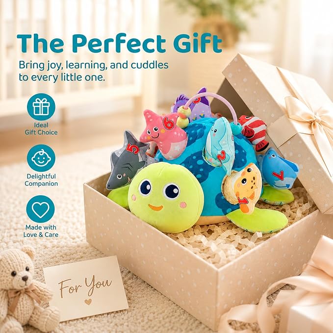 Baby Sensory Pull Out Toys – Soft Plush Turtle with 8 Detachable Baby Animals, Crinkle Paper & Rattle, Montessori Fine Motor Skill Toy for 6-12 Months Infant, Toddler 1-3 Year Old