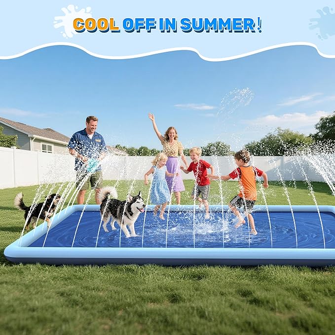 144 x 87 in Giant Rectangle Splash Pad for Dogs & Kids, Extra Large Non-Slip Sprinkler Pool, Shallow Water Play Mat for Backyard Family Water Fun, Teal