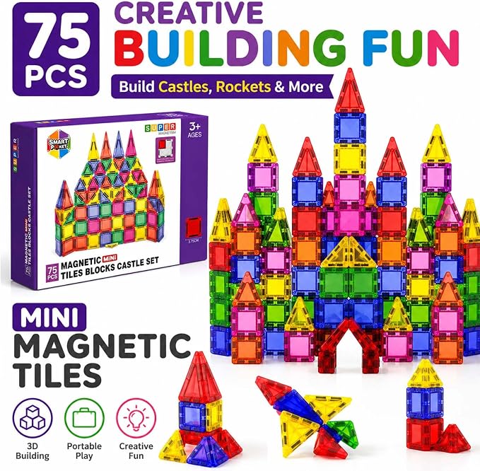 Mini Magnetic Tiles - 75 PCS Travel Magnetic Tiles, Micro Magnet Travel Toy for Kids Ages 3+, STEM Educational Building Set Construction Toys, Boys Girls Toddlers Birthdays Day Gifts