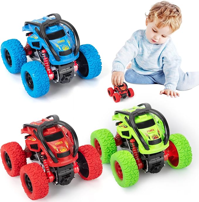 LODBY Monster Trucks Toys for Boys - Toddler Push and Go Truck Race Cars for Kids Party Favors Ages 2-4 3-5, Flip Stunt Car Toys for 2 3 4 5 6 Year Old Boy Birthday Gifts