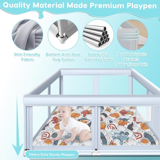 Fshibila 65" ×50" Large Baby Playpen with Mat, Baby Playard for Babies and Toddlers, Play Pens for Indoor & Outdoor, Sturdy Safety Play Yard with Soft Breathable Mesh, Anti-Fall, Grey