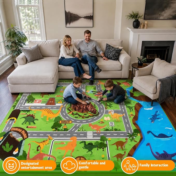 Kids Dinosaur Rug, 3'3" x 4'11" Kids Mat for Playroom– Extra Thick 0.4in Non-Slip Dino Safari Rug Road Play Mat for Classroom and Bedroom, Ideal for Educational Learning Play Areas(for Age 2+)