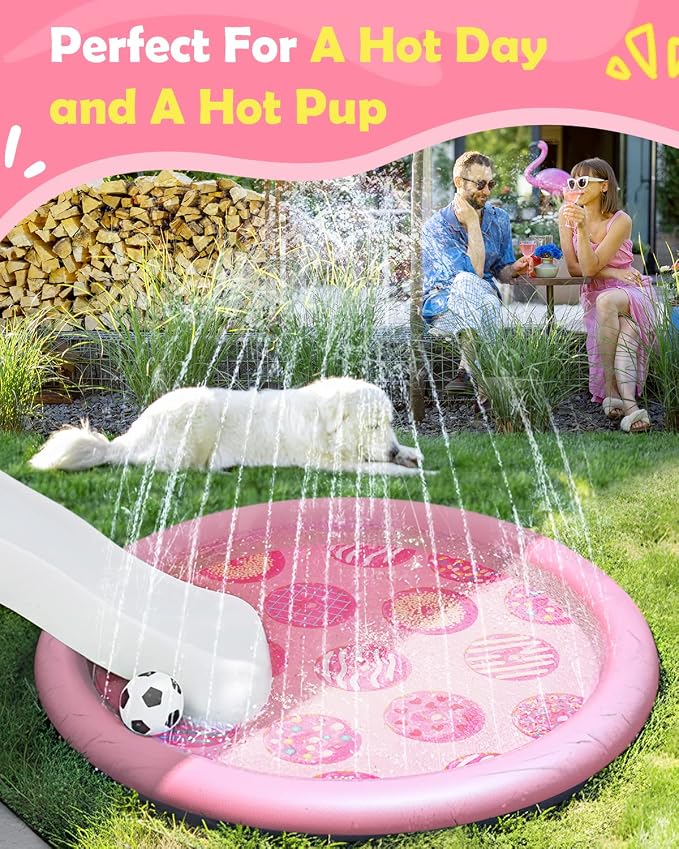 Peteast Anti-Slip Pink Donut Print Splash Pad for Kids and Dogs 0.58 mm Thicken Sprinkler Dog Pool for Summer Outdoor Water Toys - Fun Backyard Play Mat for Children and Pets (Pink 67in)