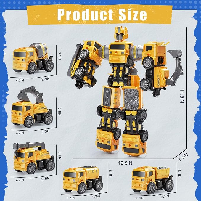 3 Year Old Boy Birthday Gift - STEM Toys for Ages 3-8, Construction Transforming Toys,5 in 1 Building Take Apart Trucks Transform to Robot, Boys Toys Stocking Stuffers for Kids Christmas 3-8