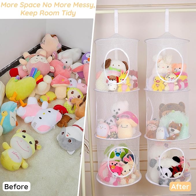 Basumee Stuffed Animals Net or Hammock 2 Pcs Stuffed Animals Storage Toy Net Hammock for Plushies Storage Organizer Mesh Kids Girls Room Decor, White, 3 Tiers