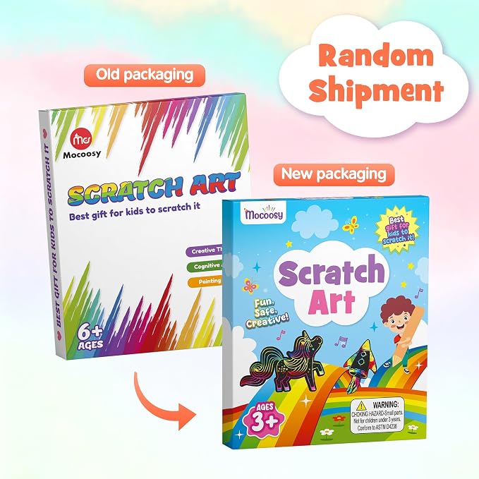 Mocoosy 60 PCS Rainbow Scratch Art Paper for Kids, Magic Scratch Paper Off Set Art and Craft Supplies, Black Scratch Pads Party Game Activities Birthday Gifts for Girls Boys 3 4 5 6 7 8 9 Years Old