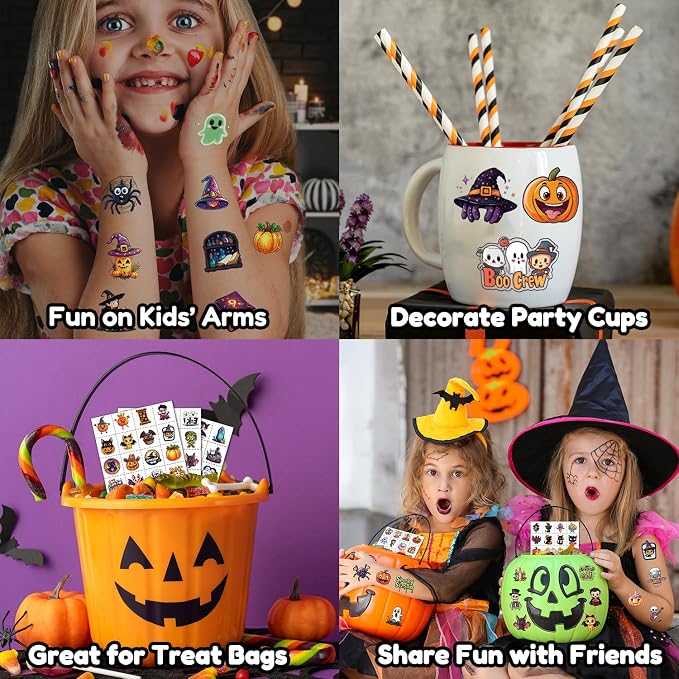 JCFIRE Halloween Temporary Tattoos for Kids, Halloween Party Favors, Treat or Trick Supplies, Crafts for Goodie Bag Stuffers, Birthday Party Decorations Accessories, Games, Toys, Gifts