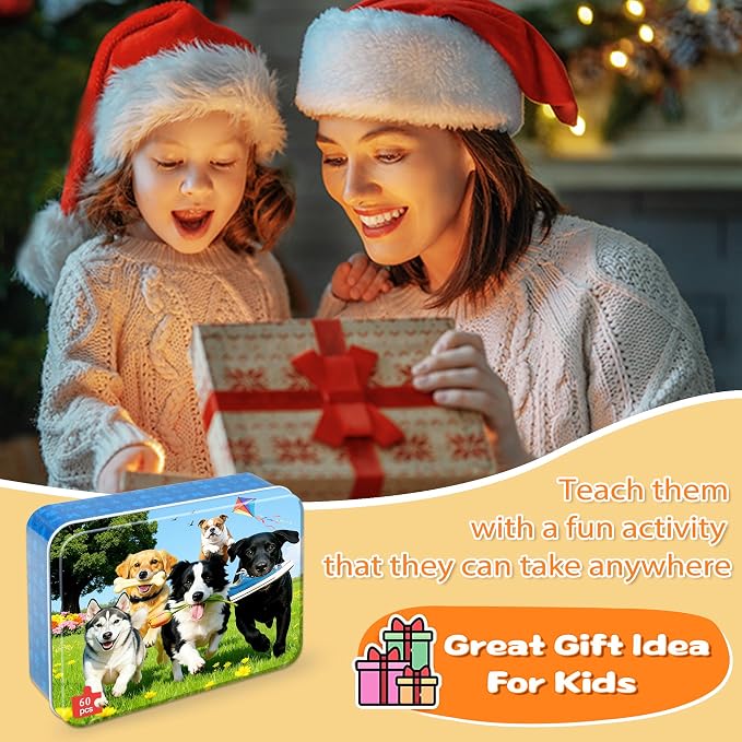 LELEMON Puzzles for Kids Ages 4-6,Dogs on the Grass 60 Piece Puzzles for Kids Ages 4-8 in a Metal Box,Children Jigsaw Puzzles Kids Puzzles,Educational Learning Puzzle Toys for Girls and Boys