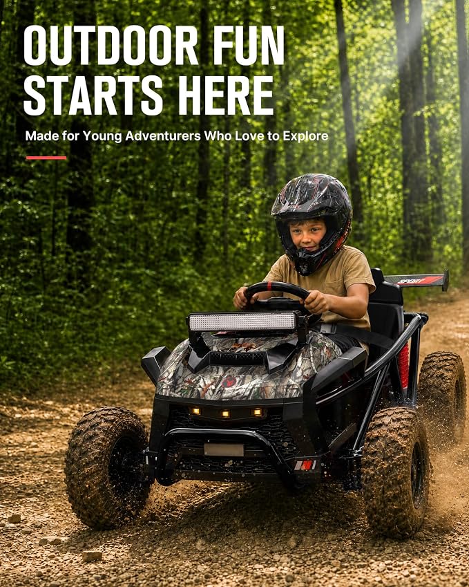 First Ride On 36V Kids Off-Road Go Kart, 400W Electric Ride-On Car for Ages 6+, Up to 9.3 MPH, EVA Tires, Metal Frame, Hall Throttle, Electronic Brake, Adjustable Seat, Bluetooth (Black Camo)