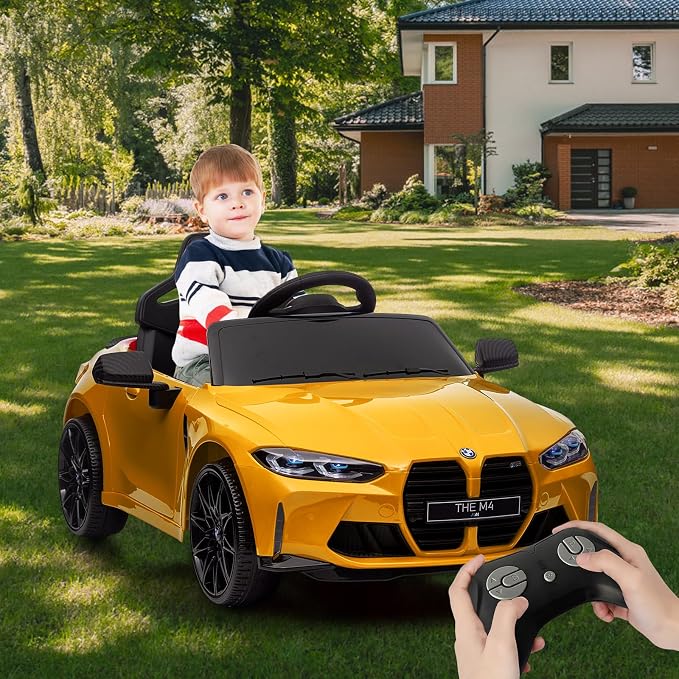 12V Ride On Car for Kids,Licensed BMW M4 Battery Powered Vehicle Car for Boys and Girls, with Remote Control,3 Speed,Led Light (Yellow)